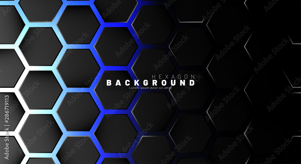 Abstract black hexagon pattern on blue neon background technology style. Honeycomb. Vector illustration Abstract black hexagon pattern on blue neon background technology style. Honeycomb. Vector illustration