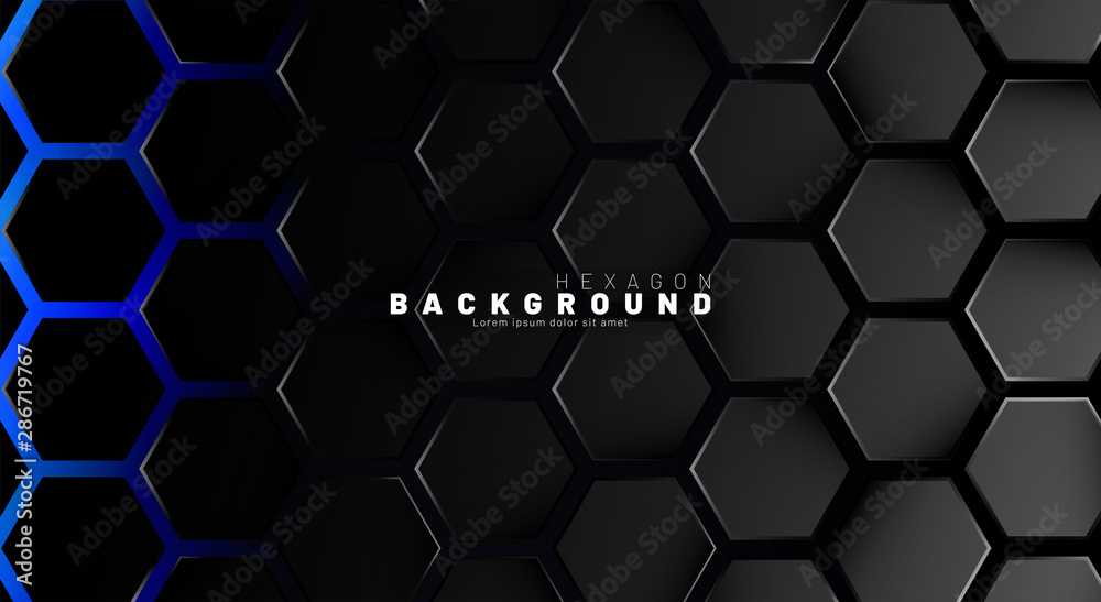 Abstract black hexagon pattern on blue neon background technology style. Honeycomb. Vector illustration Abstract black hexagon pattern on blue neon background technology style. Honeycomb. Vector illustration