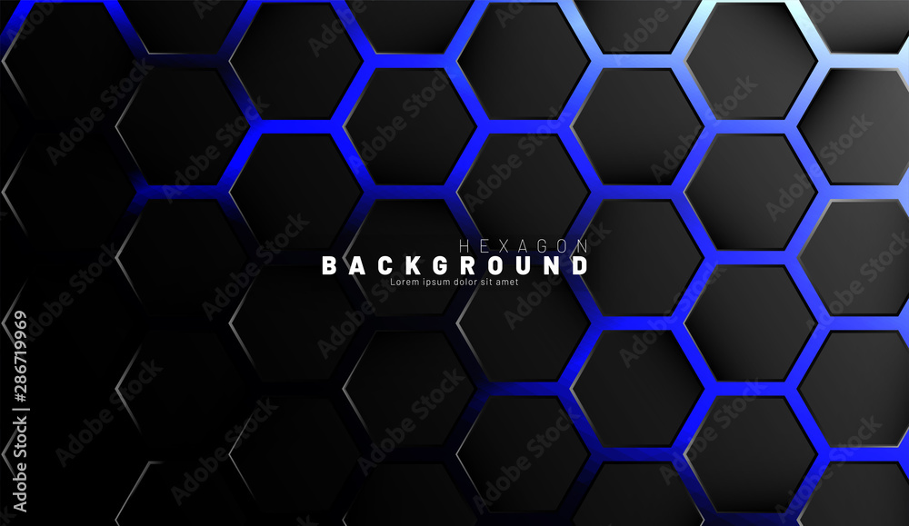 Abstract black hexagon pattern on blue neon background technology style. Honeycomb. Vector illustration Abstract black hexagon pattern on blue neon background technology style. Honeycomb. Vector illustration