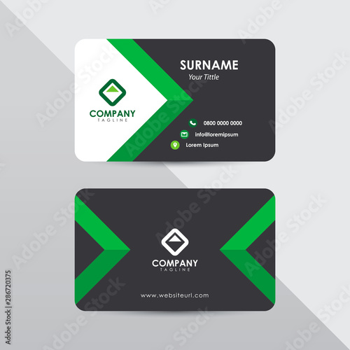 Modern business card design template. Green color element arrow shape, clean composition design.