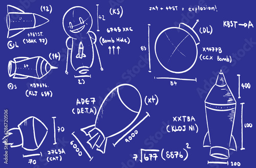 Illustration of hand drawn design sketch of rockets, robots, machines and engineering formula with blue background.