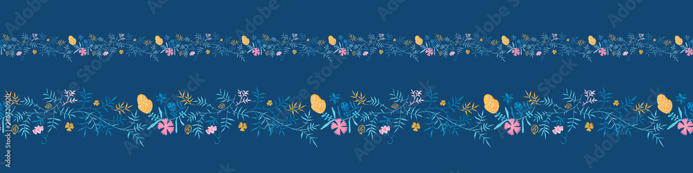 Modern floral border with traditional herbal illustrations on bright cobalt background. Repeating leaves, petal thorns pattern. Soulful flora expression. Elegance seamless flowers ornament