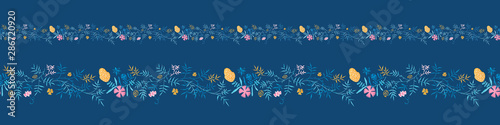 Modern floral border with traditional herbal illustrations on bright cobalt background. Repeating leaves  petal thorns pattern. Soulful flora expression. Elegance seamless flowers ornament