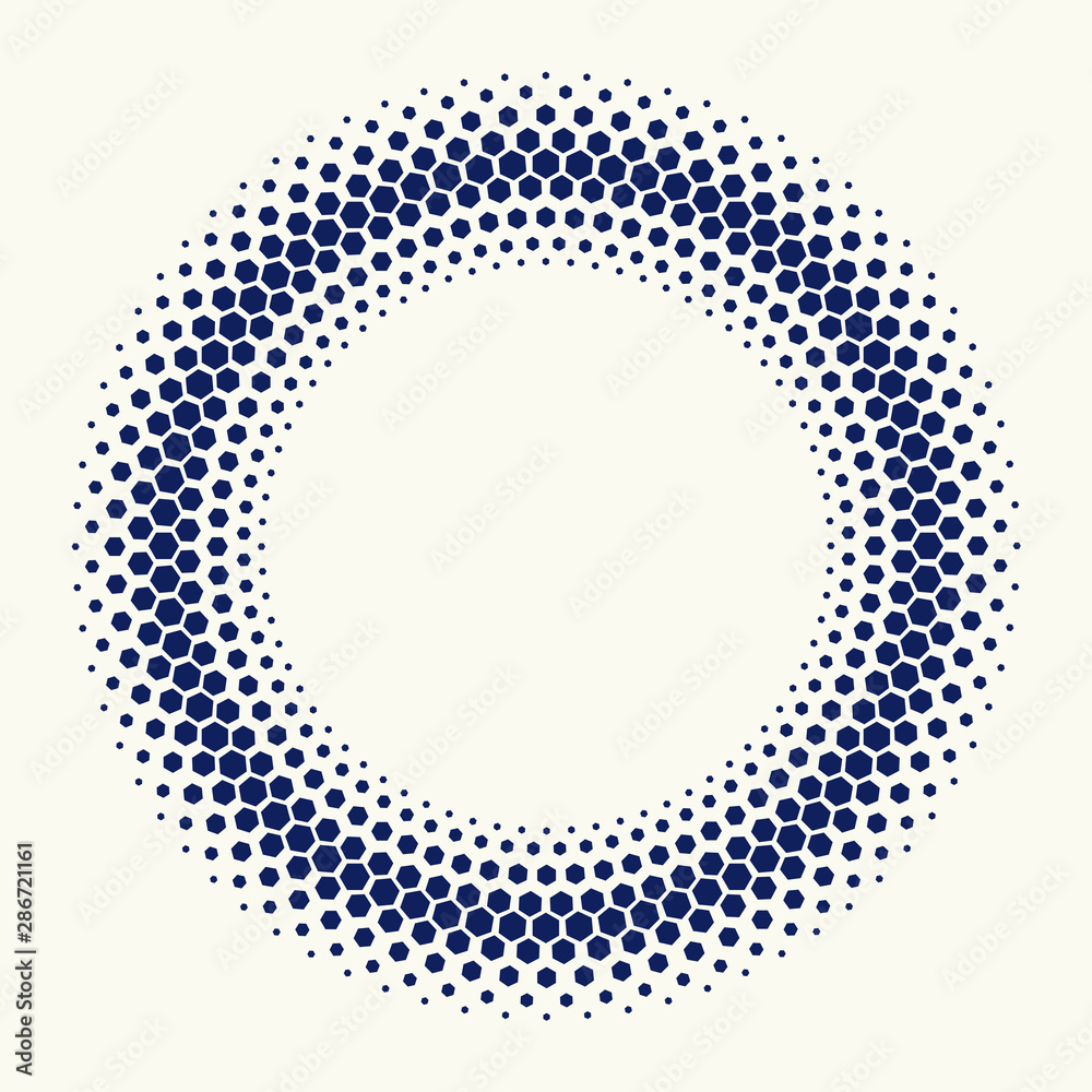 Halftone circle made by flat hexagons. Geometric.