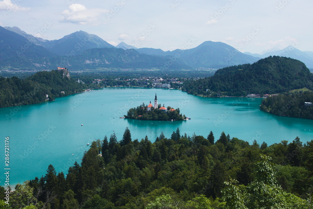 A view of Lake Bled from a nearby viewing point in the summer