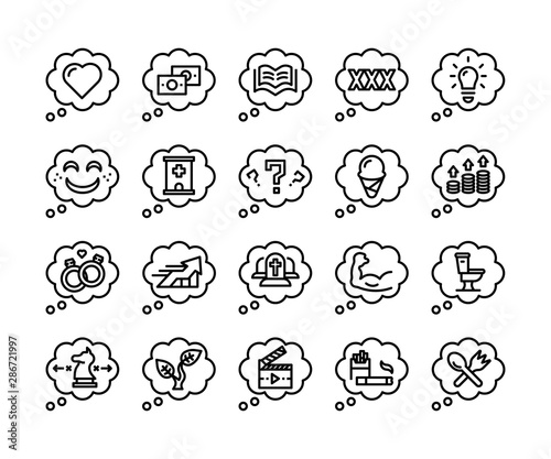 people mind thinking everyday speech bubble outline icon set, vector and illustration