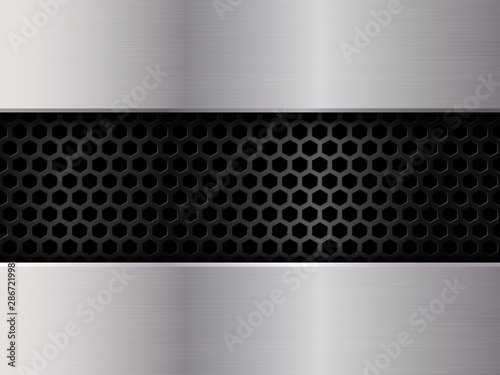Silver and black metal background. Honeycomb pattern. Abstract vector illustration