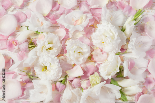 background of pastel roses and eustoma flowers © Maya Kruchancova