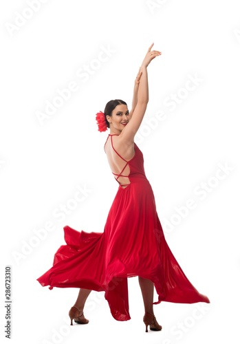 Latino dancer in red sexy dress view