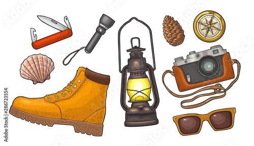 Leather outdoor boot for tourist. Vector vintage engraving