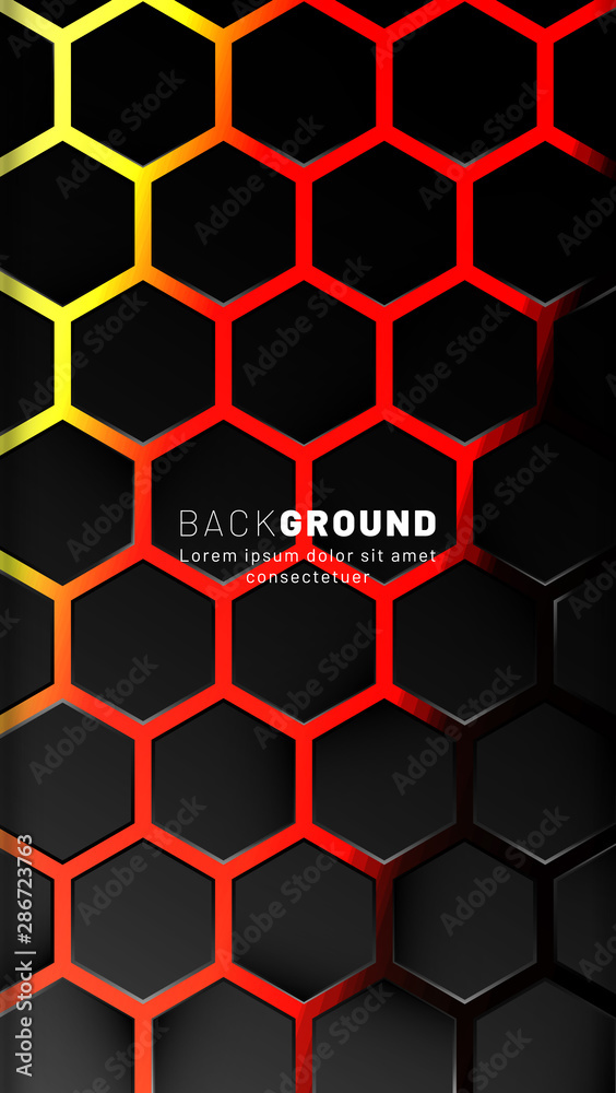 Vertical hexagon background. Gradient color light pattern with dark background technology style. Honeycomb. Vector illustration of light.