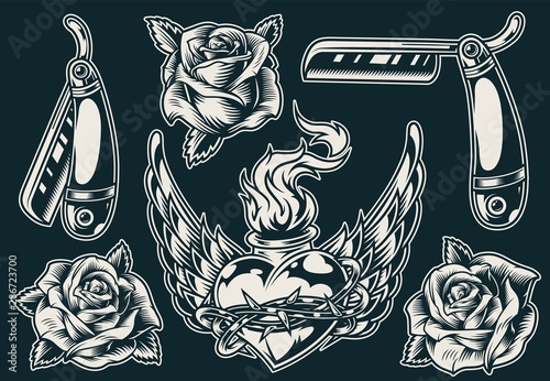 Vintage monochrome tattoos composition