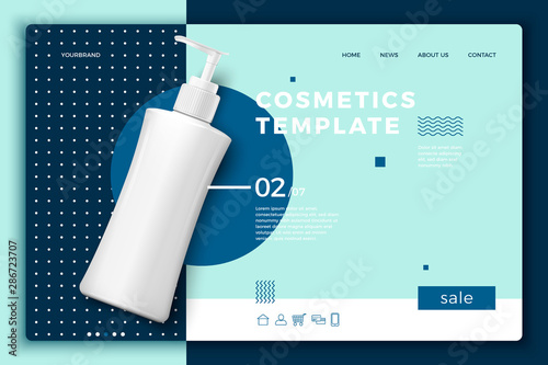 Vector 3d realistic cosmetic bottle on modern site template with typographic background. Mock-up for product package branding.