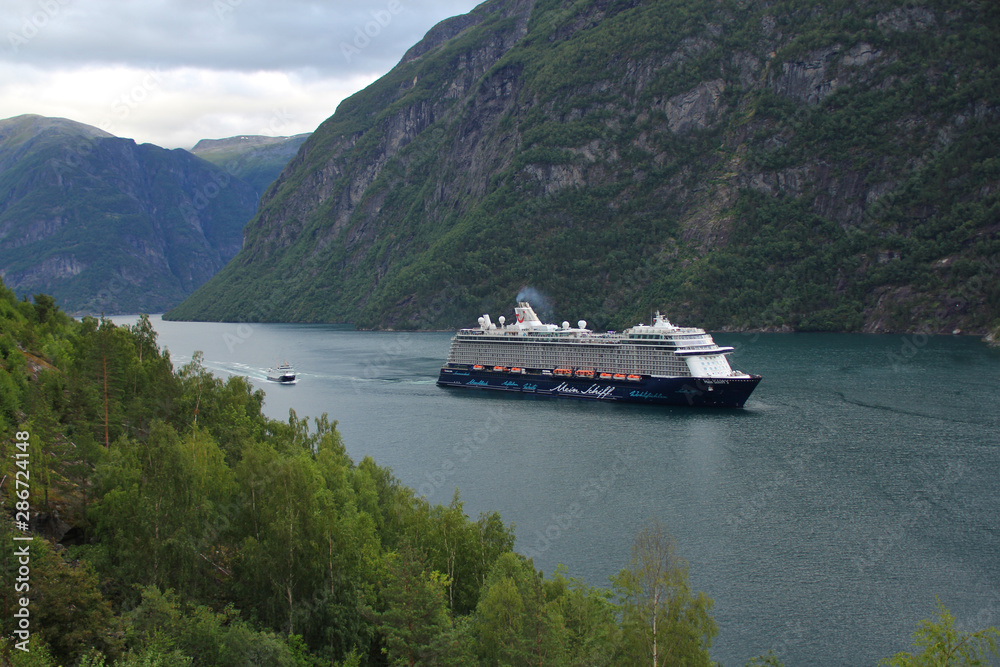 beautiful white water liner sailing through a narrow fjord in Norway