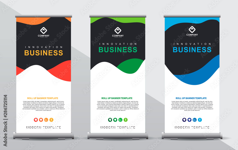 Set of three roll up banner template. Modern abstract color wave design composition with portrait presentation. Orange, green and blue color. Set of three roll up banner template. Modern abstract color wave design composition with portrait presentation. Orange, green and blue color.