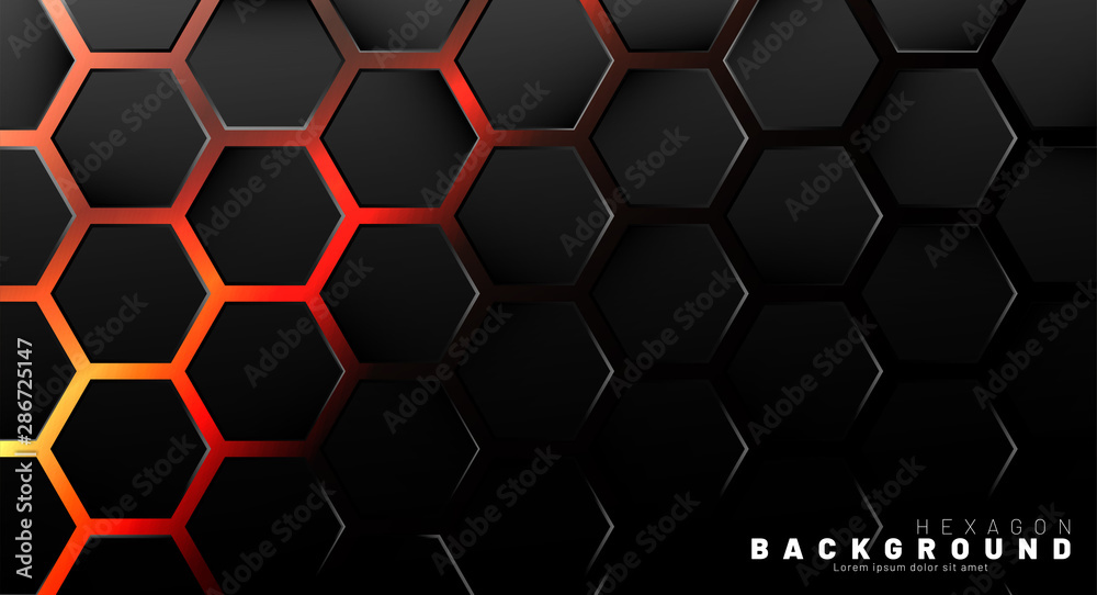 Abstract black hexagon pattern on neon gradient orange background technology style. Honeycomb. Vector illustration Abstract black hexagon pattern on neon gradient orange background technology style. Honeycomb. Vector illustration