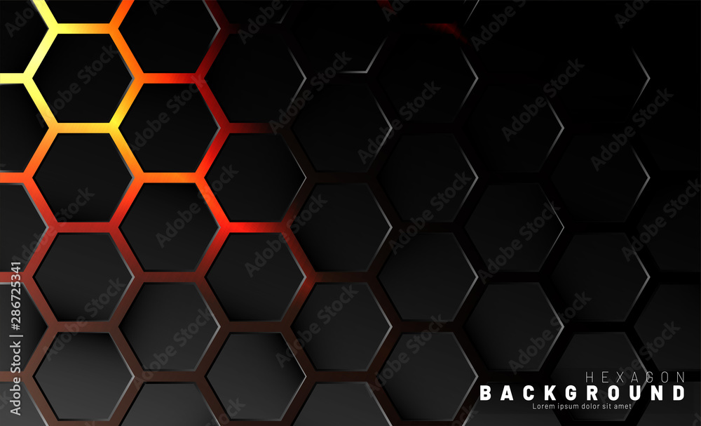 Abstract black hexagon pattern on neon gradient orange background technology style. Honeycomb. Vector illustration Abstract black hexagon pattern on neon gradient orange background technology style. Honeycomb. Vector illustration