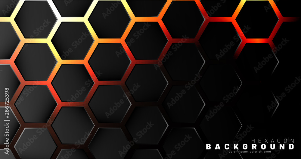 Abstract black hexagon pattern on neon gradient orange background technology style. Honeycomb. Vector illustration Abstract black hexagon pattern on neon gradient orange background technology style. Honeycomb. Vector illustration