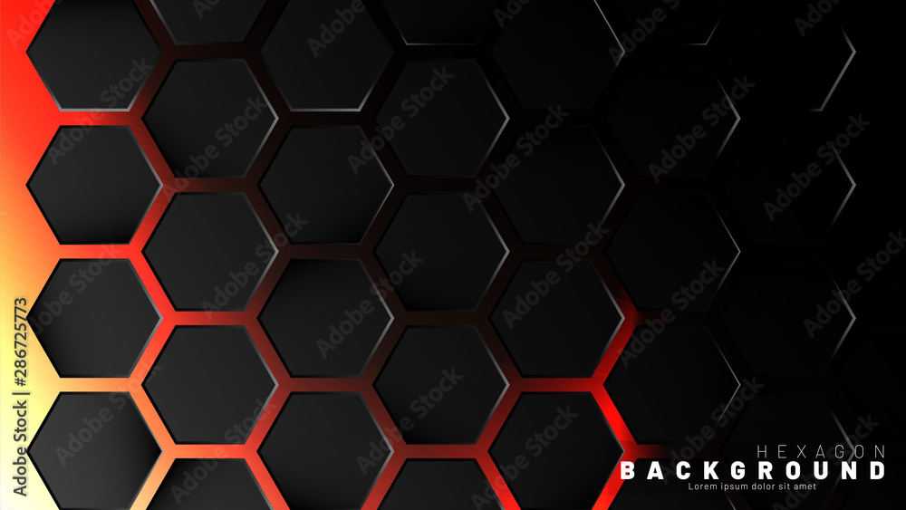 Abstract black hexagon pattern on neon gradient orange background technology style. Honeycomb. Vector illustration