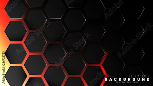 Abstract black hexagon pattern on neon gradient orange background technology style. Honeycomb. Vector illustration