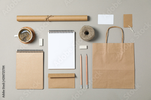 Mockup. Corporate stationery on grey background. Flat lay