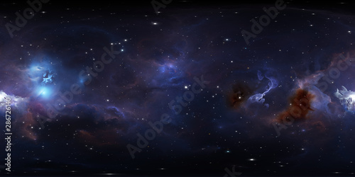 360 degree space background with glowing huge nebula with young stars, equire...