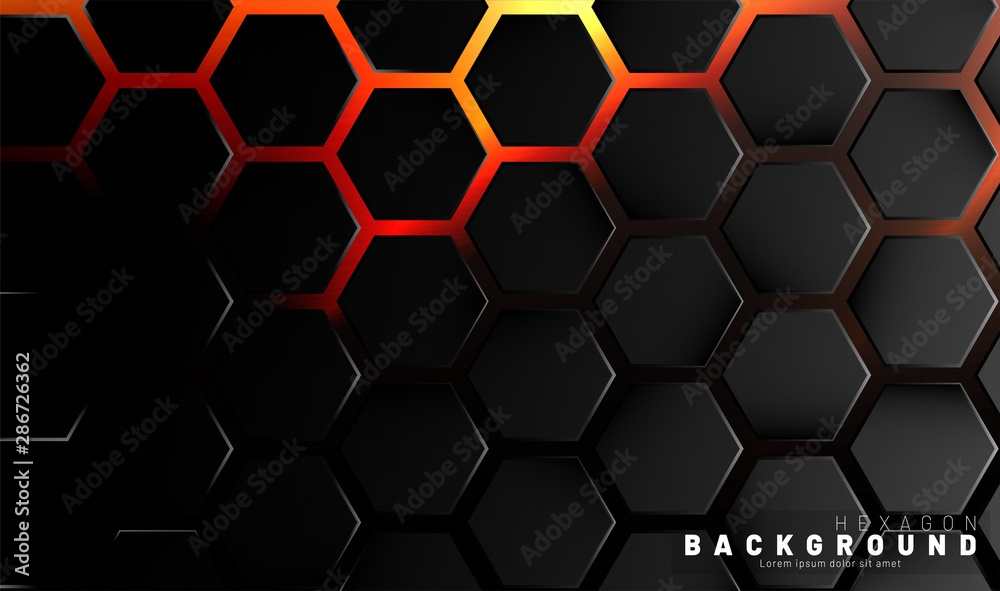 Abstract black hexagon pattern on neon gradient orange background technology style. Honeycomb. Vector illustration Abstract black hexagon pattern on neon gradient orange background technology style. Honeycomb. Vector illustration