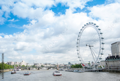 London . London eye, County Hall, Westminster Bridge, Big Ben and Houses of Parliament.