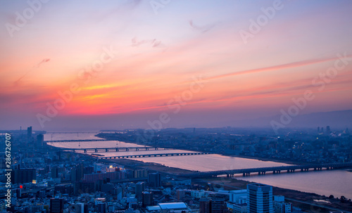 Osaka skyline at sunset - view from Umeda Sky Building