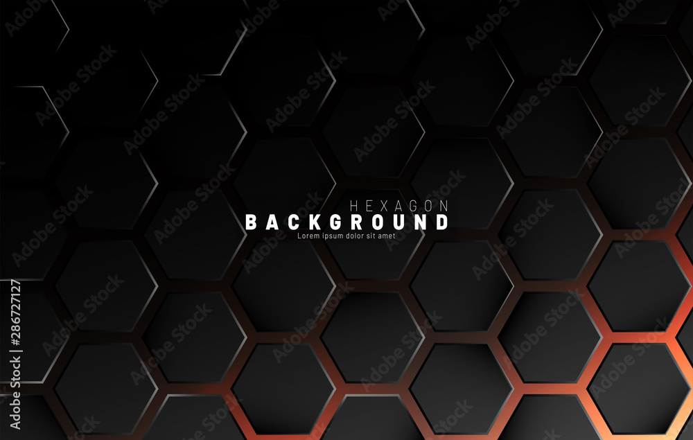 Abstract black hexagon pattern on neon gradient orange background technology style. Honeycomb. Vector illustration