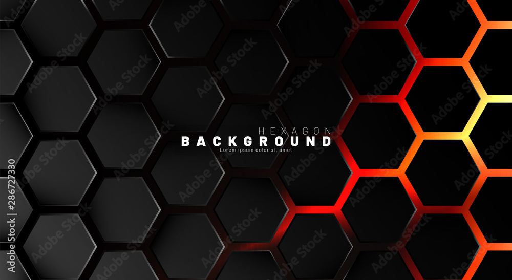 Abstract black hexagon pattern on neon gradient orange background technology style. Honeycomb. Vector illustration Abstract black hexagon pattern on neon gradient orange background technology style. Honeycomb. Vector illustration