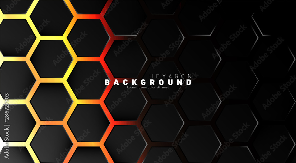 Abstract black hexagon pattern on neon gradient orange background technology style. Honeycomb. Vector illustration Abstract black hexagon pattern on neon gradient orange background technology style. Honeycomb. Vector illustration