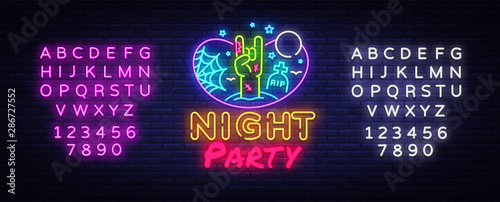 Halloween Party neon sign design template. Night Party neon poster, light banner design element colorful modern design trend, night bright advertising, bright sign. Vector. Editing text neon sign