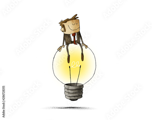Cheerful man sitting on top of a big light bulb. idea and creativity concept....