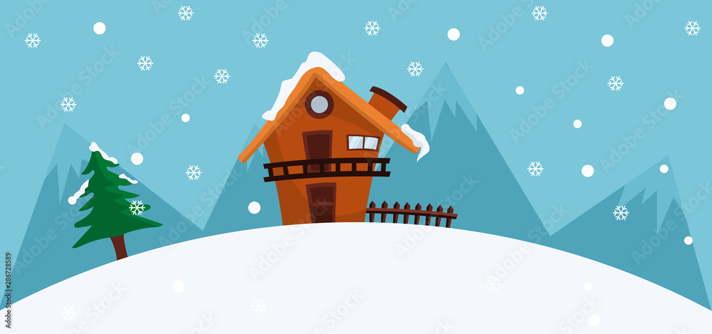 Winter landscape background with house with fireplace