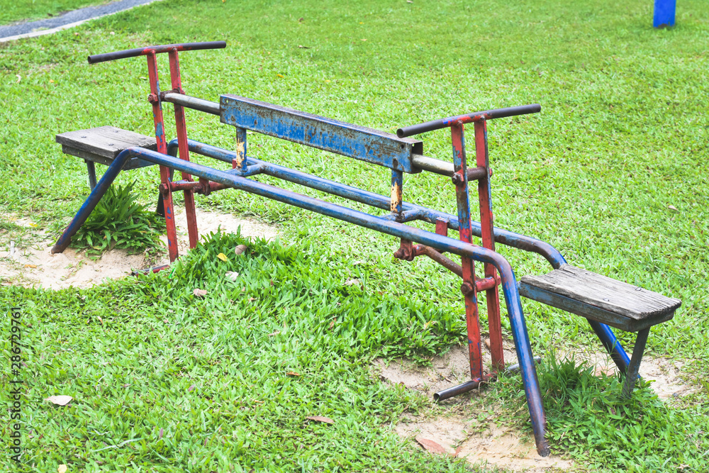 Top view of empty seat swing at playground Top view of empty seat swing at playground