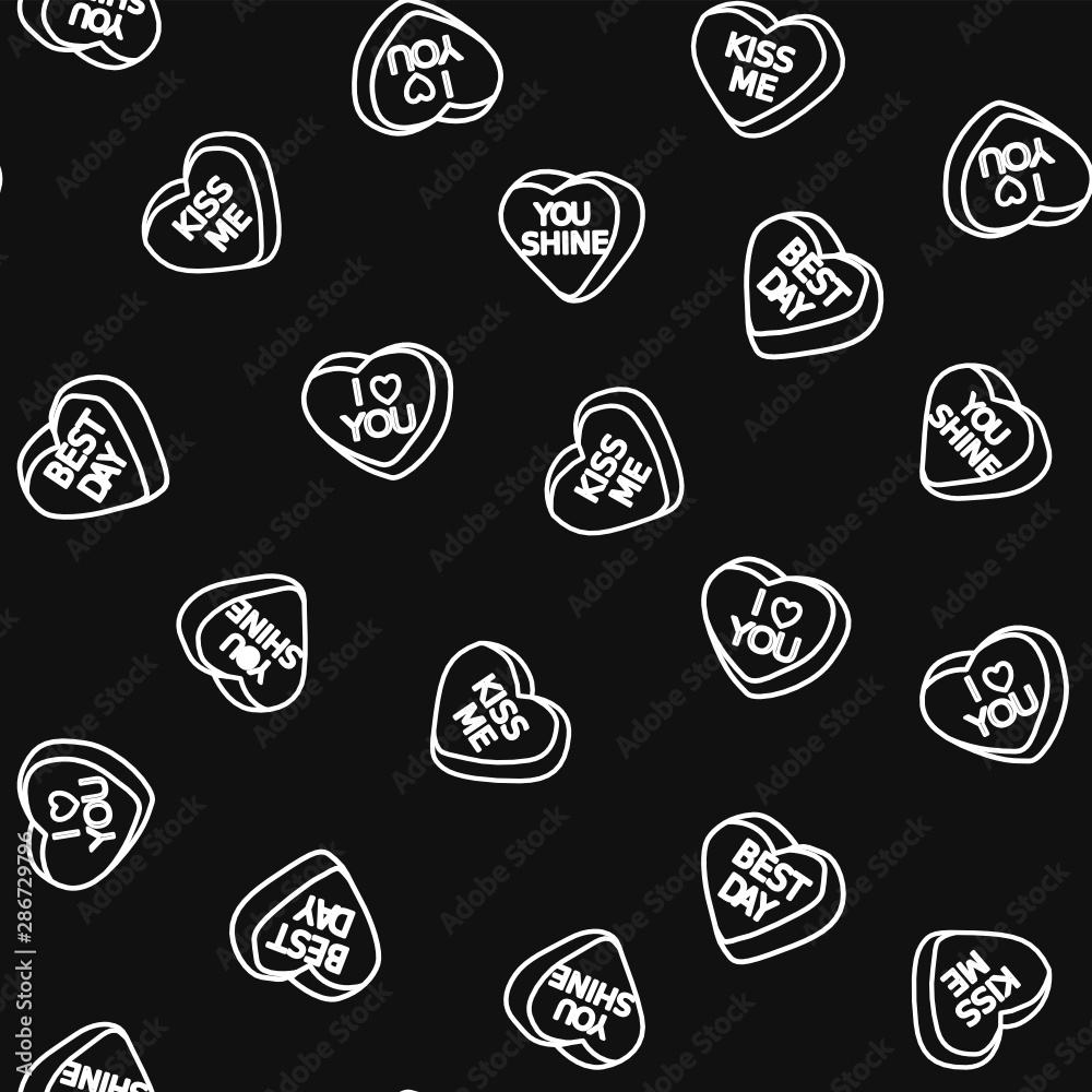 Heart candies outline seamless pattern on black background