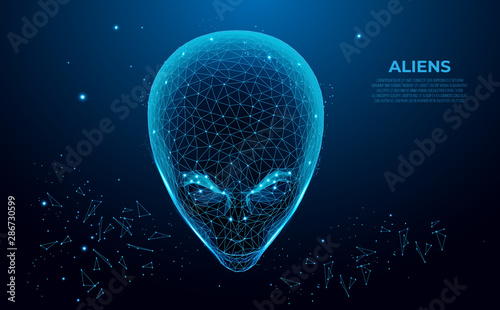 Aliens. Extraterrestrial alien face. Humanoid head, futuristic space invader. Infinity Space with Nebula and Star Light.Polygon vector wireframe concept