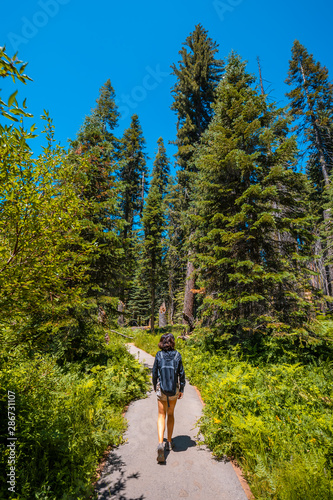 A young woman walking along a path in Sequoia National Park, California. United States
