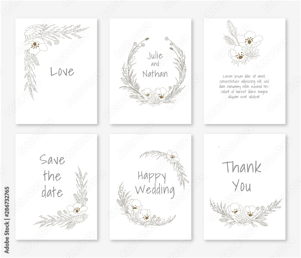 FRAME AND ARRANGEMENT OF WILD GRASS AND DRIED FLOWER IN LINE ART STYLE ILLUSTRATION FOR BOHEMIAN WEDDING AND DECORATION. SET OF CARD