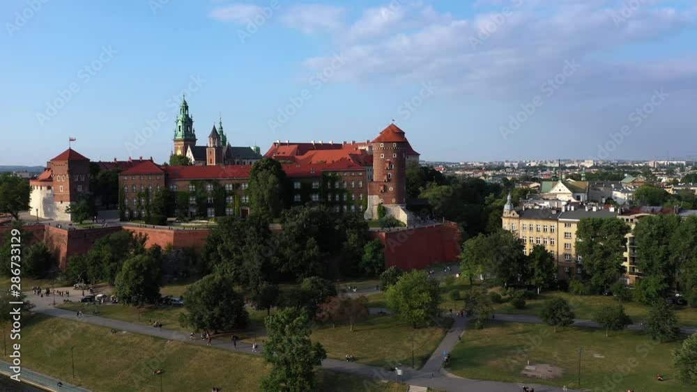 The drone flies past the Royal Castle in Wawel in Cracow. The drone flies past the Royal Castle in Wawel in Cracow.