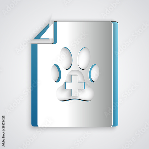 Paper cut Medical certificate for travel with dog or cat icon isolated on grey background. Document for pet. Dog or cat paw print. Paper art style. Vector Illustration