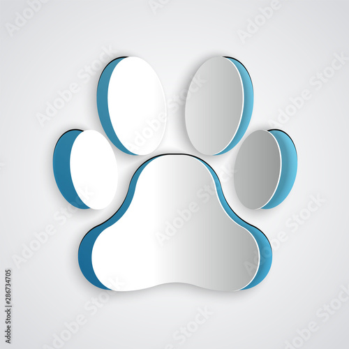 Paper cut Paw print icon isolated on grey background. Dog or cat paw print. Animal track. Paper art style. Vector Illustration