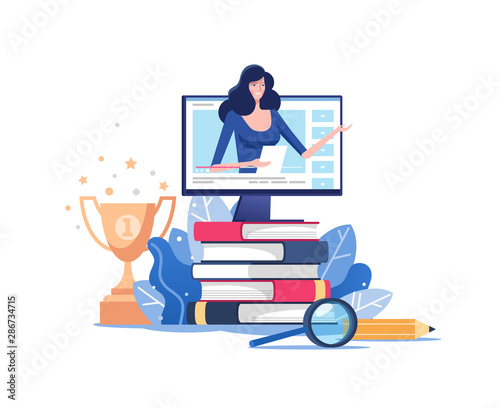 Distance education or business training. Pile of books and online teacher on computer monitor. Webinar or video seminar learning vector concept.