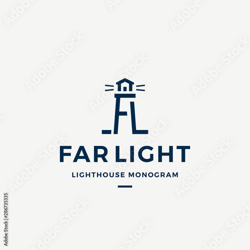 Far Light Abstract Vector Sign, Symbol or Logo Template. Searchlight Tower Symbol from A and L letters with Typography. Lighthouse Monogram Nautical Building Emblem.