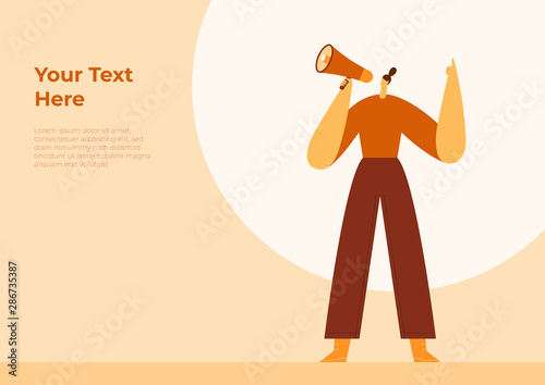 Woman holding loudspeaker and raising her hand, pointing finger up. Cartoon female character with megaphone, bullhorn. Flat vector illustration. Use in web projects and applications.