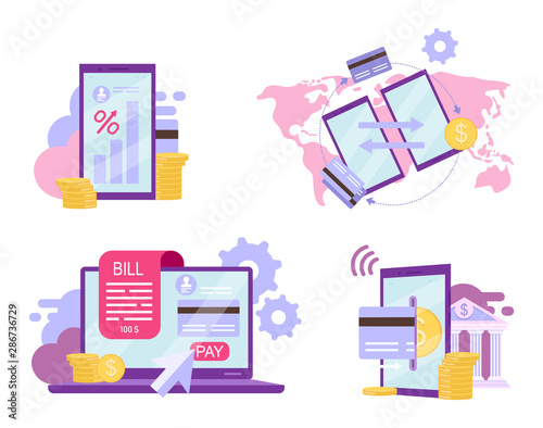 Online banking flat vector illustrations set. Deposit high interest rate concept. Billing system, credit card money transfer, e payments app cartoon metaphors. Instant financial transactions, ewallet