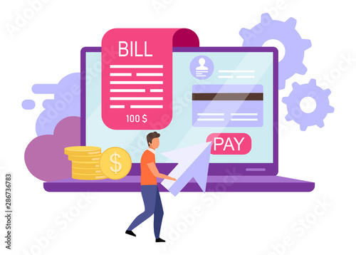 Invoice payments flat vector illustration. Bill pay, online receipt cartoon concept. Internet banking account. Ebanking user. Credit cards transactions, instant money transfer by click metaphor