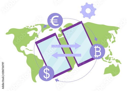 Money transfer flat illustration. International financial transactions and currency conversions rates concept. Remittance service. E payment gateway, fintech. Peer to peer global payments metaphor