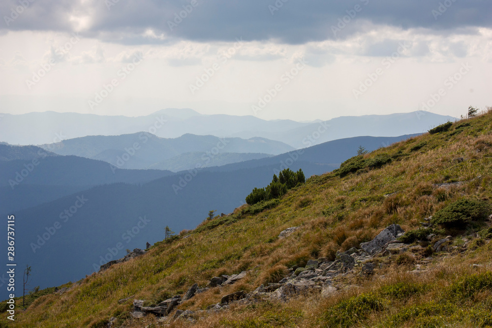 The majestic view of the beautiful mountains. Relaxing travel background. Tourist routes. Carpathians. Ukraine. Europe.